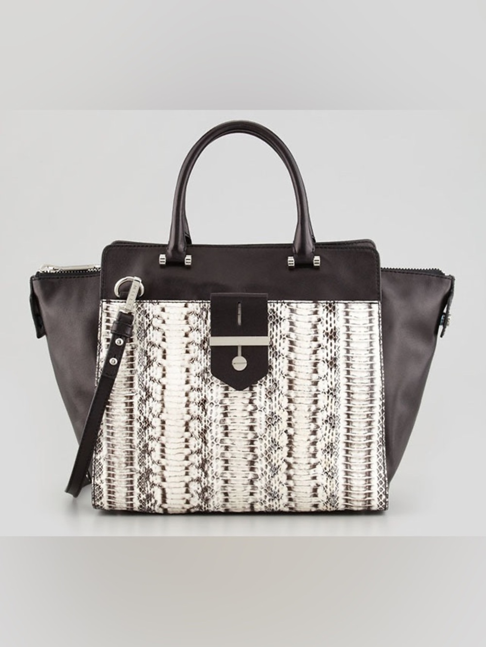 MILLY Makene Leather Snakeskin Handbag Shoulder Bag Black White Color